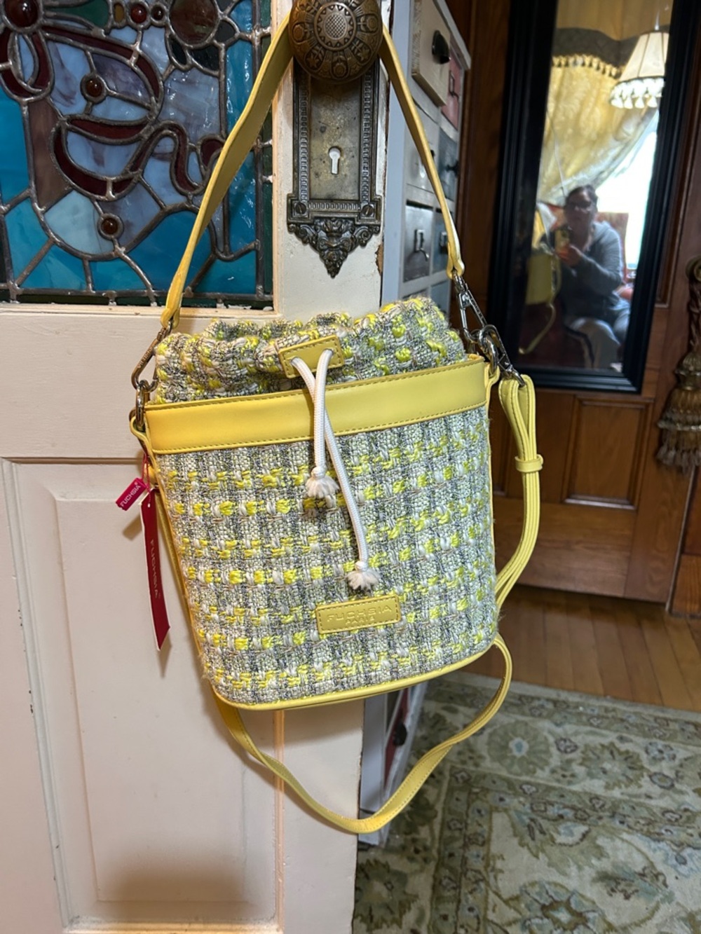 Yellow and Gray Tweed Drawstring Crossbody